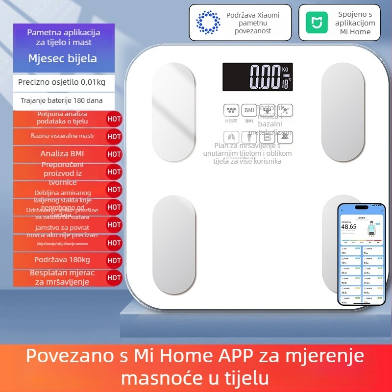 Skala za masnoću tijela s kompatibilnošću s Mijia aplikacijom; mjeri težinu, masnoću i vlagu; maksimalna nosivost 180 kg; napajanje USB/baterija.