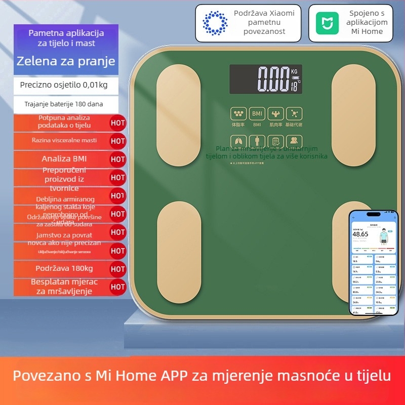 Skala za masnoću tijela s kompatibilnošću s Mijia aplikacijom; mjeri težinu, masnoću i vlagu; maksimalna nosivost 180 kg; napajanje USB/baterija.