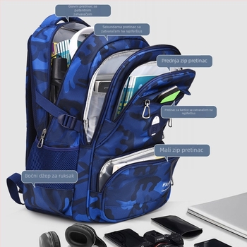 Školski ruksak, Oxford tkanina, prozračan i vodootporan, ultra lagan, otporan na habanje, funkcija smanjenja težine, zakrivljene naramenice, podstava od najlona, za 1.–9. razred