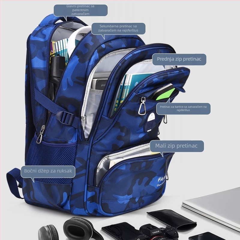 Školski ruksak, Oxford tkanina, prozračan i vodootporan, ultra lagan, otporan na habanje, funkcija smanjenja težine, zakrivljene naramenice, podstava od najlona, za 1.–9. razred