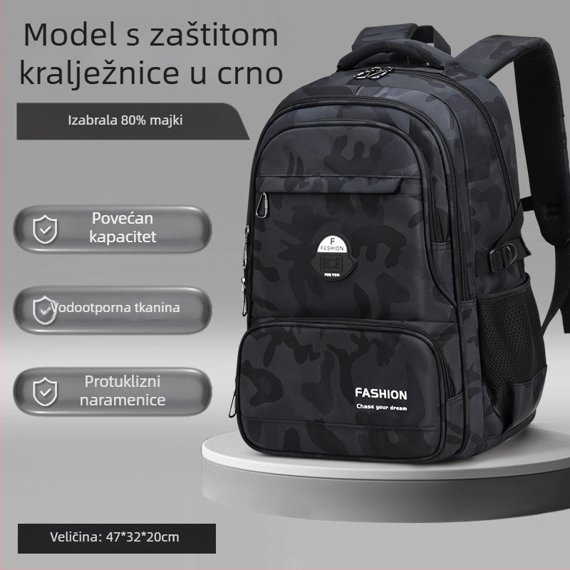 Školski ruksak, Oxford tkanina, prozračan i vodootporan, ultra lagan, otporan na habanje, funkcija smanjenja težine, zakrivljene naramenice, podstava od najlona, za 1.–9. razred