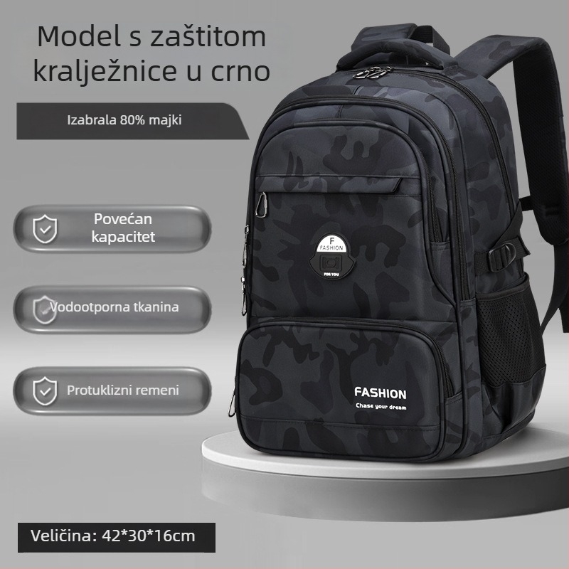 Školski ruksak, Oxford tkanina, prozračan i vodootporan, ultra lagan, otporan na habanje, funkcija smanjenja težine, zakrivljene naramenice, podstava od najlona, za 1.–9. razred