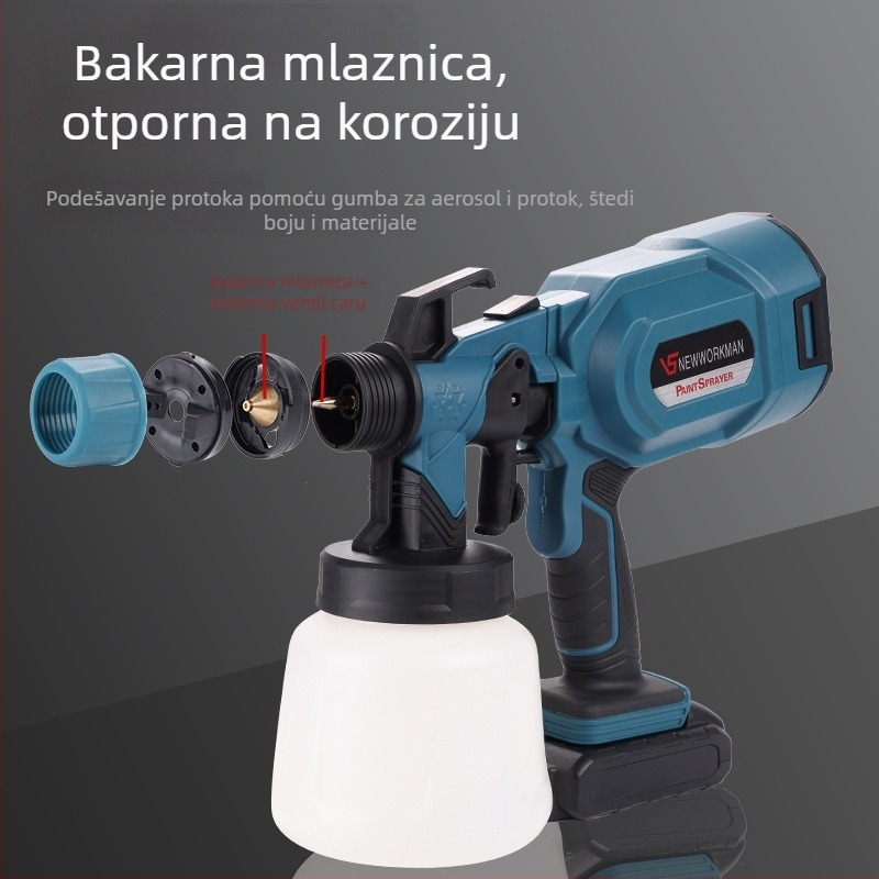 Prijenosni električni pištolj za raspršivanje s litijskom baterijom – odvojiva visokotlačna raspršivač za latex boju, pogodna za unutarnje prostore, krov, vanjske zidove, vozila i drvo; napon 21–220V