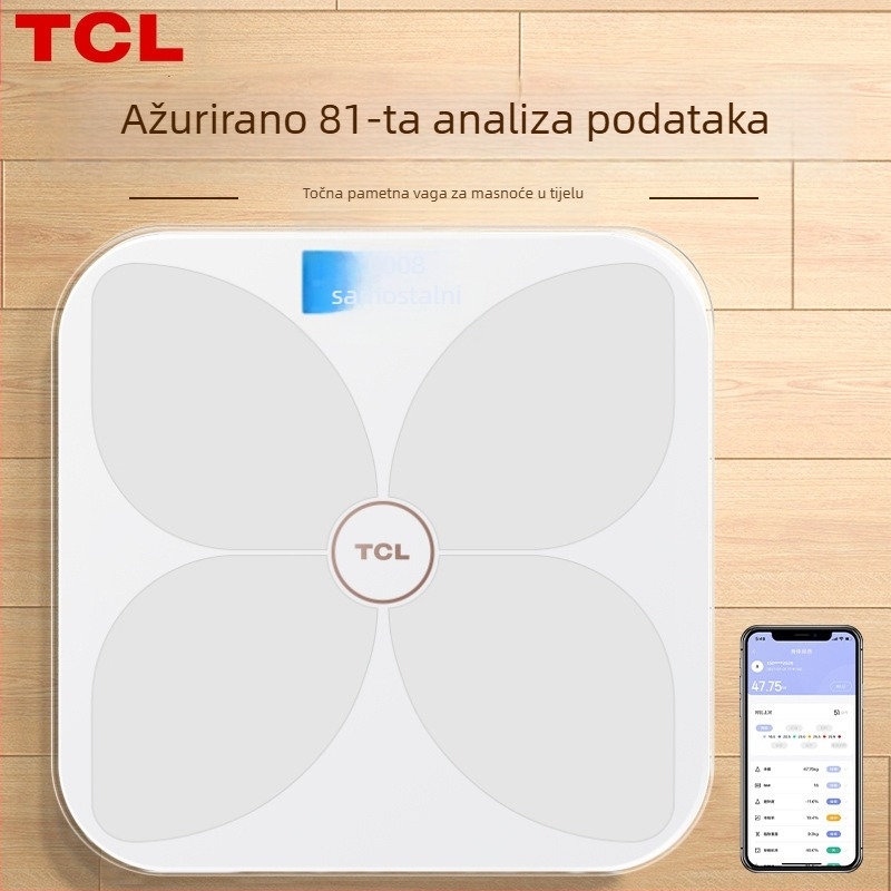 TCL 6039-SY Vaga za tjelesnu masnoću, kapacitet 180 kg, 3-inčni LED zaslon, USB napajanje, analiza masnoće i vode, kaljeno staklo