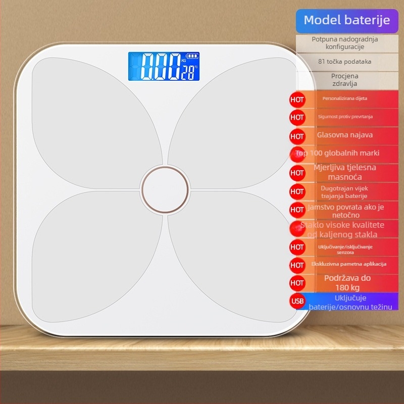 TCL 6039-SY Vaga za tjelesnu masnoću, kapacitet 180 kg, 3-inčni LED zaslon, USB napajanje, analiza masnoće i vode, kaljeno staklo