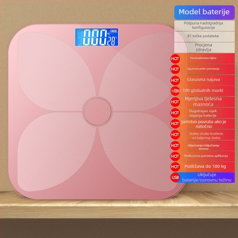 TCL 6039-SY Vaga za tjelesnu masnoću, kapacitet 180 kg, 3-inčni LED zaslon, USB napajanje, analiza masnoće i vode, kaljeno staklo