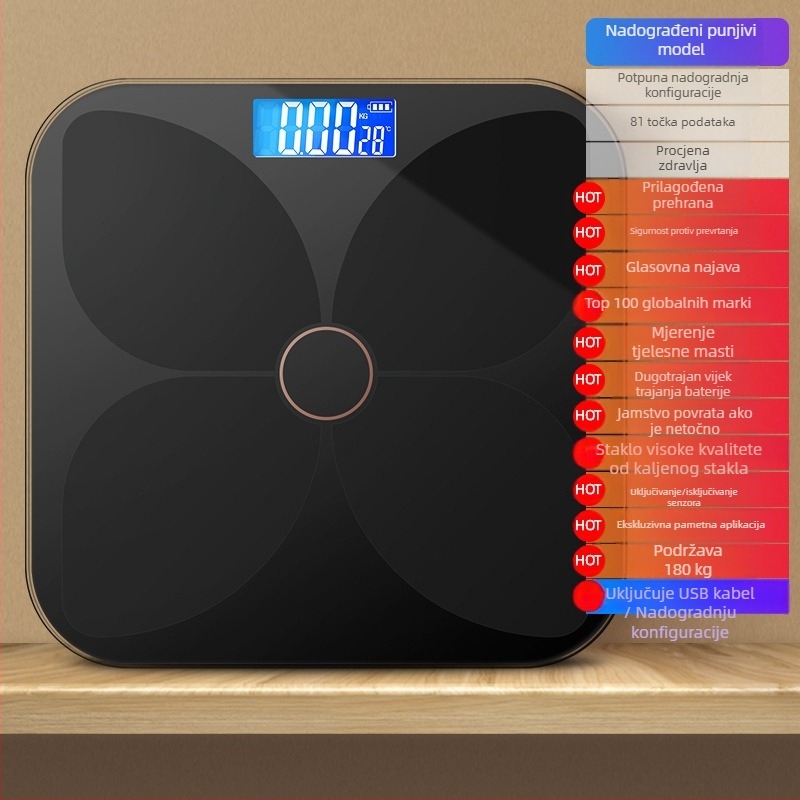 TCL 6039-SY Vaga za tjelesnu masnoću, kapacitet 180 kg, 3-inčni LED zaslon, USB napajanje, analiza masnoće i vode, kaljeno staklo