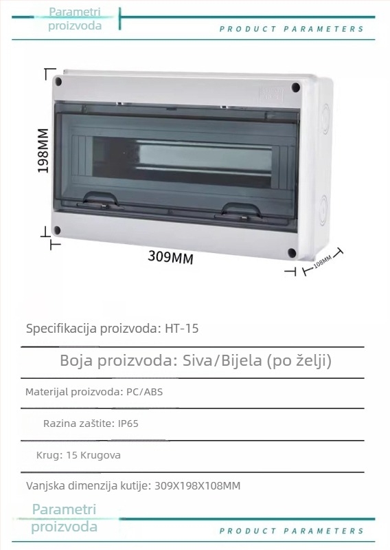 Površinski montirana kutija za razdjelnik krugova, 4 kruga, 1 red, IP66, ABS kućište s PC poklopcem, HT4 serija