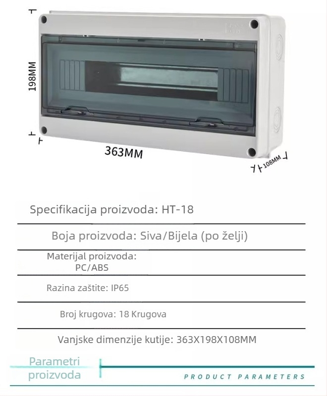 Površinski montirana kutija za razdjelnik krugova, 4 kruga, 1 red, IP66, ABS kućište s PC poklopcem, HT4 serija