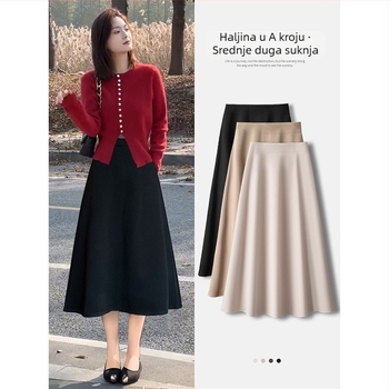 Suknja A-linije s kišobranom, srednja duljina, visoki struk, vunena tkanina, jesen 2025.