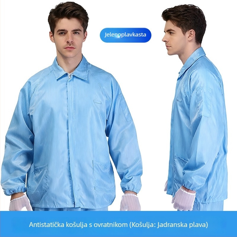 Plava Split-tip anti-statna radna odjeća za čiste prostore – poliester vodljivi satin, 200 g, prašno otporna, pogodna za tvornice