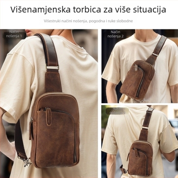 Muška kožna torbica za prsa, Crazy Horse koža, klasičan retro dizajn, jednobojna, podstava od poliestera-pamuka, izdržljiva svakodnevna upotreba