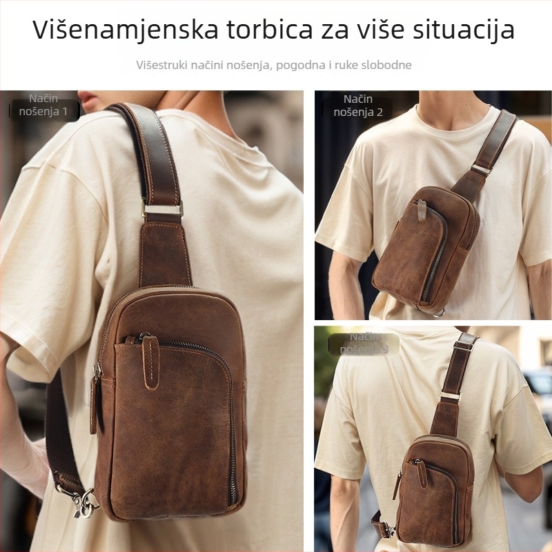 Muška kožna torbica za prsa, Crazy Horse koža, klasičan retro dizajn, jednobojna, podstava od poliestera-pamuka, izdržljiva svakodnevna upotreba