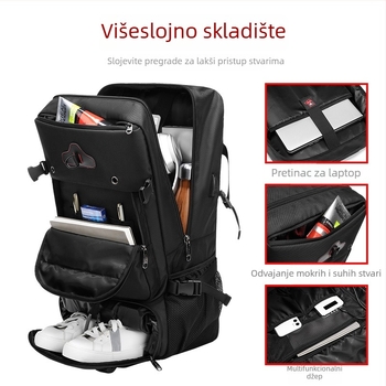 Muški putni ruksak s odjeljkom mokro/suho, vodootporan, Oxford tkanina, USB priključak, remeni s jastukom zraka