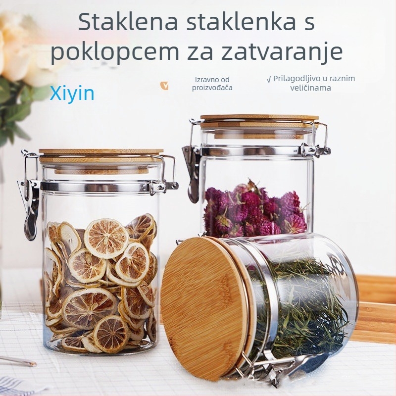 Staklena posuda za skladištenje sa zatvaračem na klik, okruglog oblika, kapacitet ispod 300 ml, tiskano logo, mogućnost prilagodbe, nije pogodna za mikrovalnu pećnicu