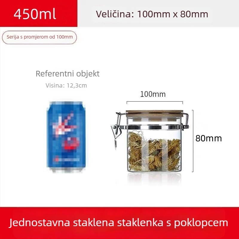 Staklena posuda za skladištenje sa zatvaračem na klik, okruglog oblika, kapacitet ispod 300 ml, tiskano logo, mogućnost prilagodbe, nije pogodna za mikrovalnu pećnicu
