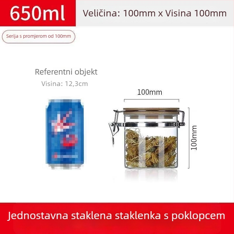 Staklena posuda za skladištenje sa zatvaračem na klik, okruglog oblika, kapacitet ispod 300 ml, tiskano logo, mogućnost prilagodbe, nije pogodna za mikrovalnu pećnicu