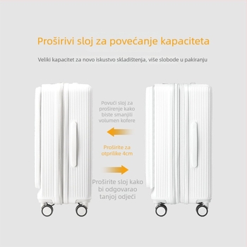 Kufor velike kapacitete s prednjim otvaranjem na zip, zaključavanje lokotom, univerzalni kotači, unutarnja ABS/PC obloga
