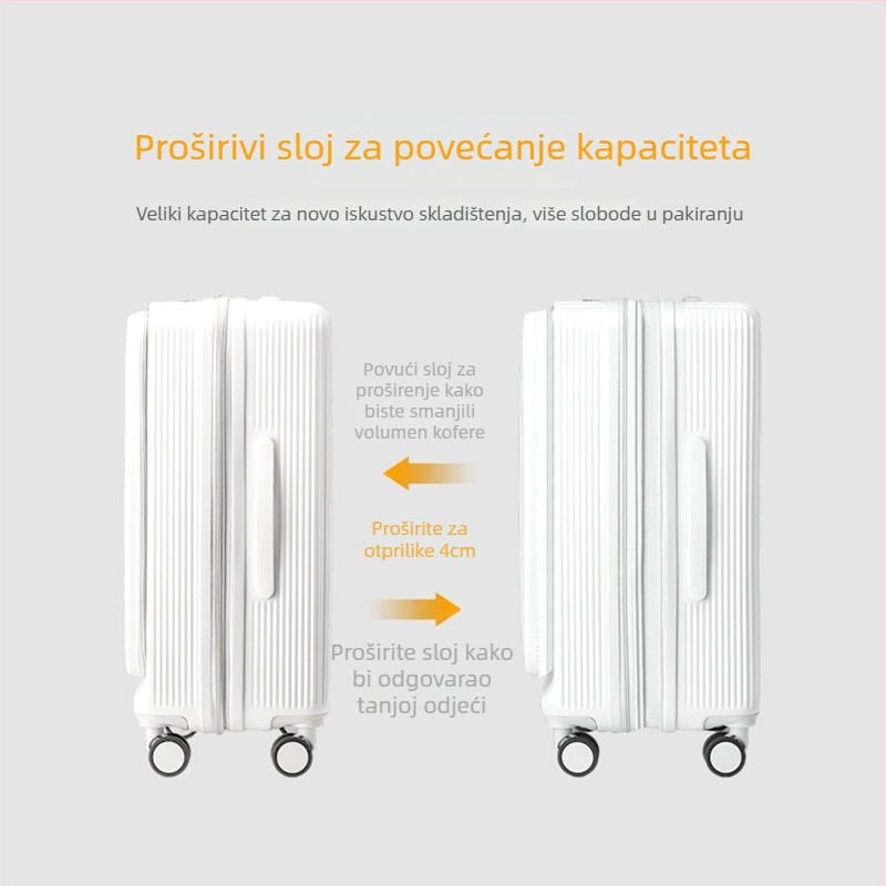 Kufor velike kapacitete s prednjim otvaranjem na zip, zaključavanje lokotom, univerzalni kotači, unutarnja ABS/PC obloga