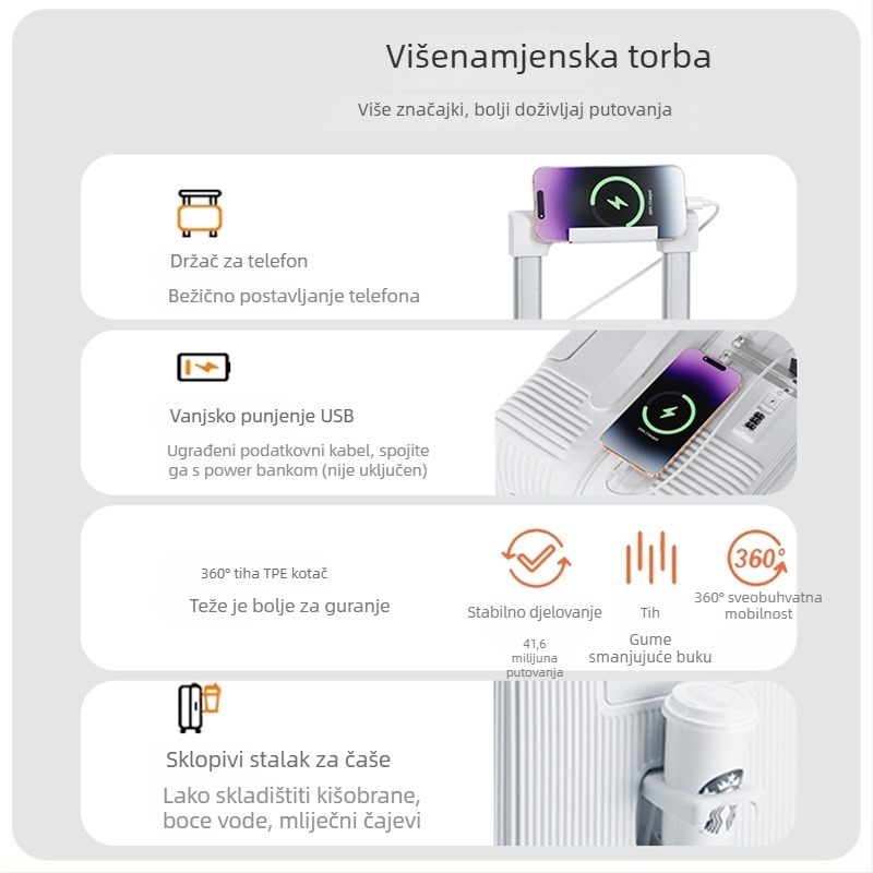Kufor velike kapacitete s prednjim otvaranjem na zip, zaključavanje lokotom, univerzalni kotači, unutarnja ABS/PC obloga