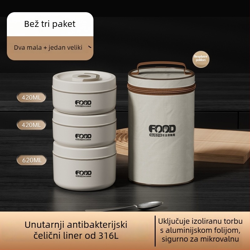 Kružna kutija za ručak od 316 nerđajućeg čelika, izolirana, dvostruko slojevita, s poklopcem, mikrovalno sigurna