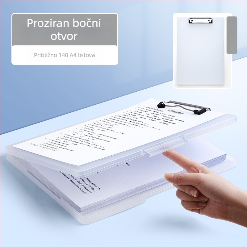 Višeslojni organizator datoteka s pločom za pisanje i dvostrukim klipsom, plastična konstrukcija, veličina klipa varira, debljina ploče varira, pogodan za različite veličine papira.