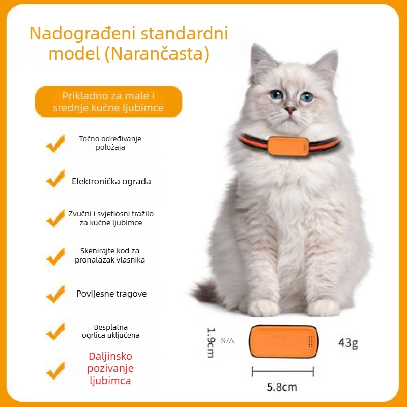 GPS lokator za kućne ljubimce – mačke i psi, precizno pozicioniranje, model T05a, baterija 1200mAh, kućište ABS/PC, kompatibilan s iOS