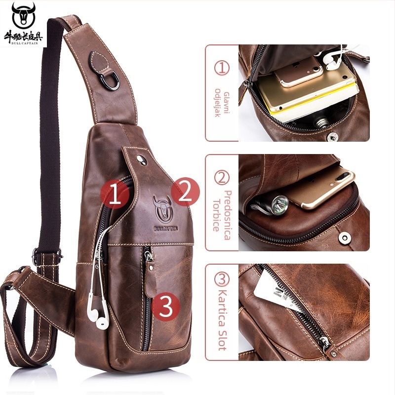 Muška kožna torbica za prsa s jednim remenom, retro stil euro-američki, koža gornjeg sloja krava, izdržljiva, brenda BULLCAPTAIN Leather Goods