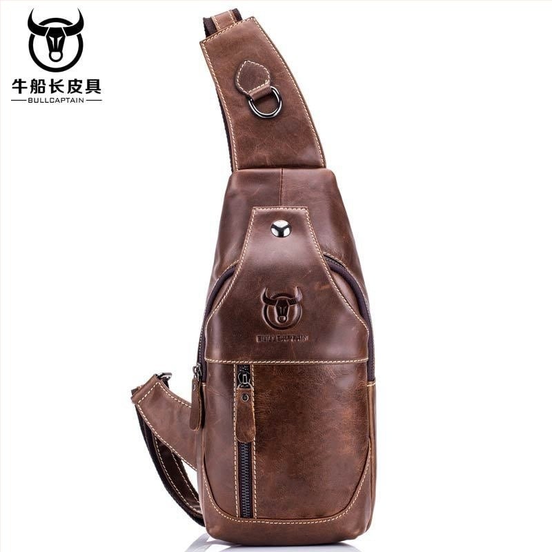 Muška kožna torbica za prsa s jednim remenom, retro stil euro-američki, koža gornjeg sloja krava, izdržljiva, brenda BULLCAPTAIN Leather Goods