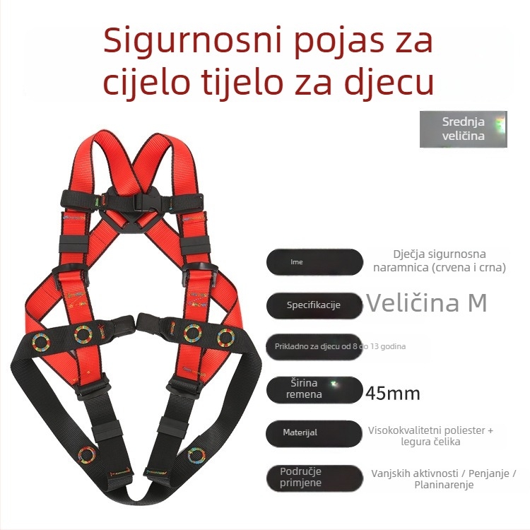 Dječji pettočni sigurnosni pojas za penjanje – poliester i užad, nosivost 100 kg, različite duljine užeta, zaštita od pada s visine