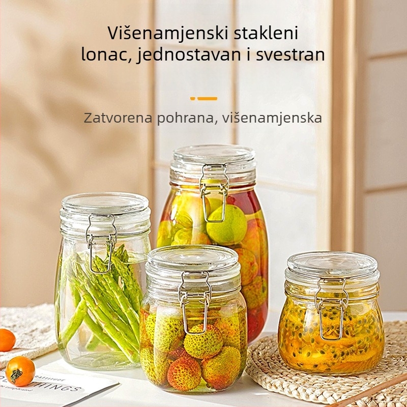 Okrugla staklena posuda za pohranu s poklopcem na kopču, prehrambena klasa, bez olova, 800-1000 ml