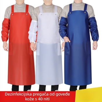 Vodootporna pregača s produženom dužinom i dvostrukim ramenskim remenima — materijal: goveđa tetiva; težina: 0.45 kg; pogodna za uzgoj, obradu morskih plodova, kuhinju i kantinu; funkcija: vodootporna i otporna na ulje