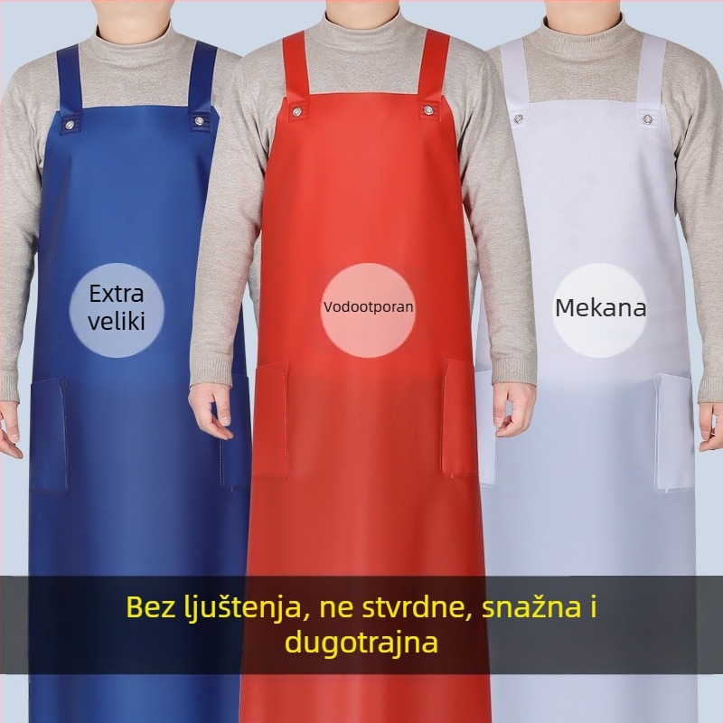 Vodootporna pregača s produženom dužinom i dvostrukim ramenskim remenima — materijal: goveđa tetiva; težina: 0.45 kg; pogodna za uzgoj, obradu morskih plodova, kuhinju i kantinu; funkcija: vodootporna i otporna na ulje