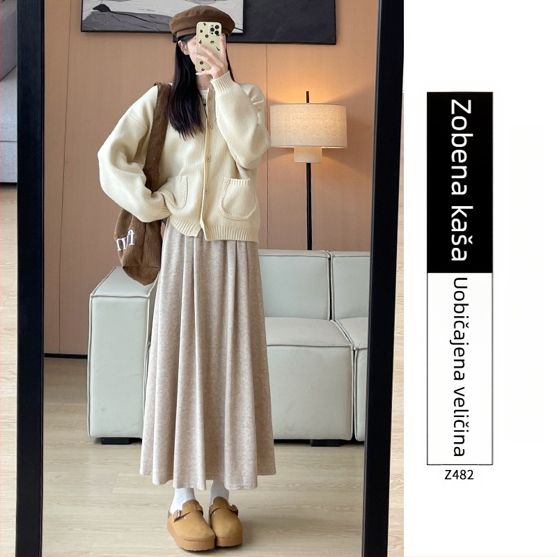 Ruitong A-linijska midi suknja s džepovima, jednobojni uzorak, mješavina poliestera i viskoze