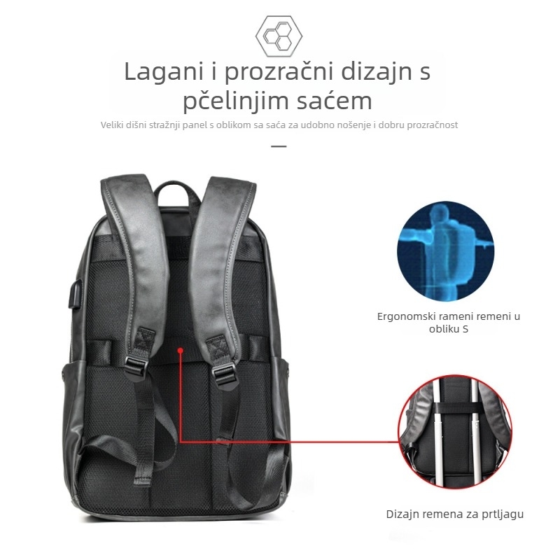 Unisex ruksak za putovanja i školu, vodootporan PU materijal, velika zapremina, prozračnost, rameni remeni s zračnim jastučićem