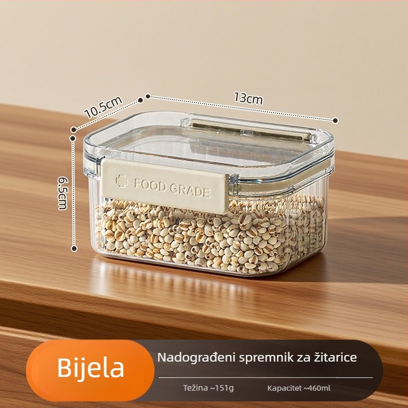 Zapečaćeni plastični četverokutni spremnik za žitarice i suhe namirnice, kapacitet 1-2 L, moderni minimalistički stil, prilagodljiva privatna marka