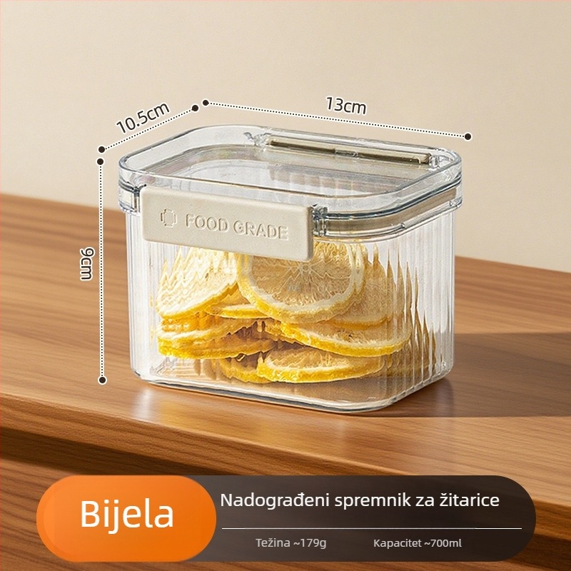 Zapečaćeni plastični četverokutni spremnik za žitarice i suhe namirnice, kapacitet 1-2 L, moderni minimalistički stil, prilagodljiva privatna marka