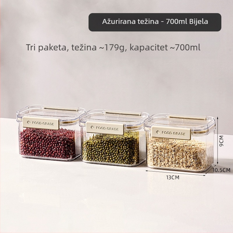Zapečaćeni plastični četverokutni spremnik za žitarice i suhe namirnice, kapacitet 1-2 L, moderni minimalistički stil, prilagodljiva privatna marka