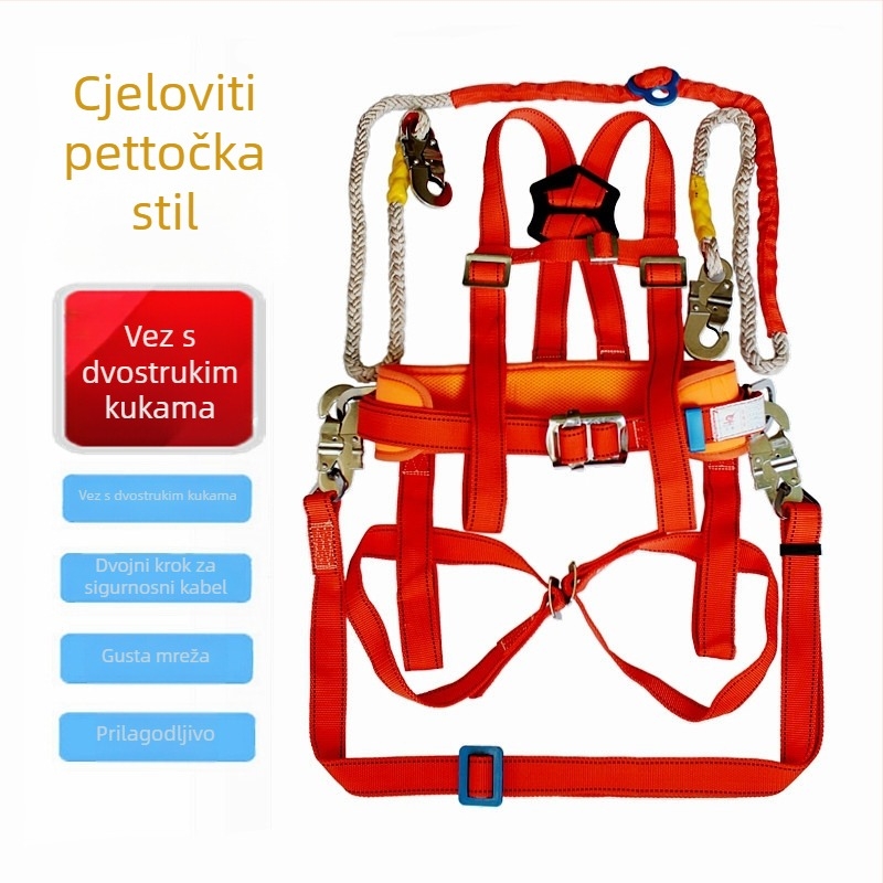 Punotijelesni sigurnosni pojas za rad na visini s dvostrukim ramenskim stražnjim dijelom i petočlanskim sustavom užeta; materijal pojasa: visokoučinkoviti polipropilen/najlon