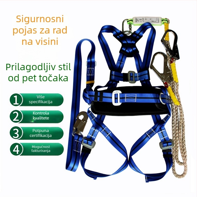 Punotijelesni sigurnosni pojas za rad na visini s dvostrukim ramenskim stražnjim dijelom i petočlanskim sustavom užeta; materijal pojasa: visokoučinkoviti polipropilen/najlon
