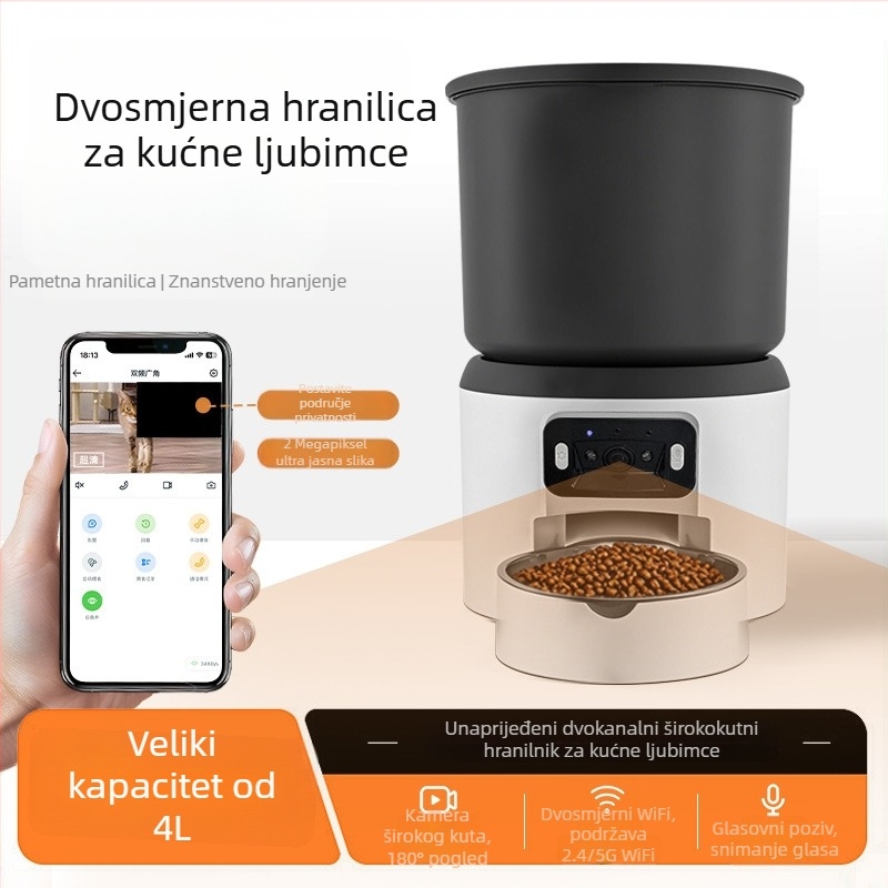 Inteligentna automatska hranilica za mačke i pse, kapacitet 4L, vremenski doziranje, daljinsko praćenje s videom i zvukom, kamera, podrška aplikacije