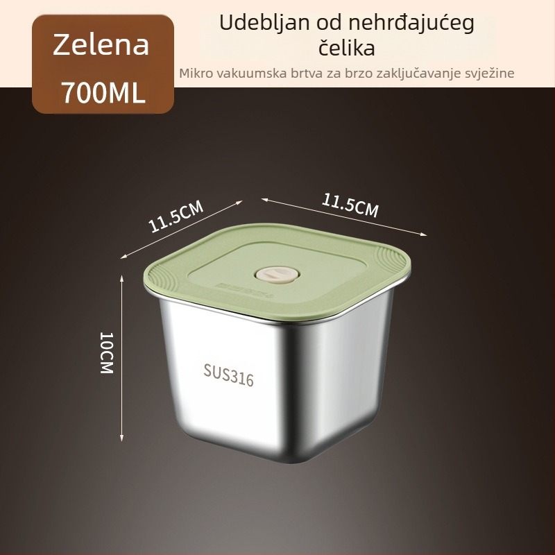 Kutija za hranu od 316 nehrđajućeg čelika, kvadratna, jednodjelna, zatvorena za hladnjak, čuva svježinu
