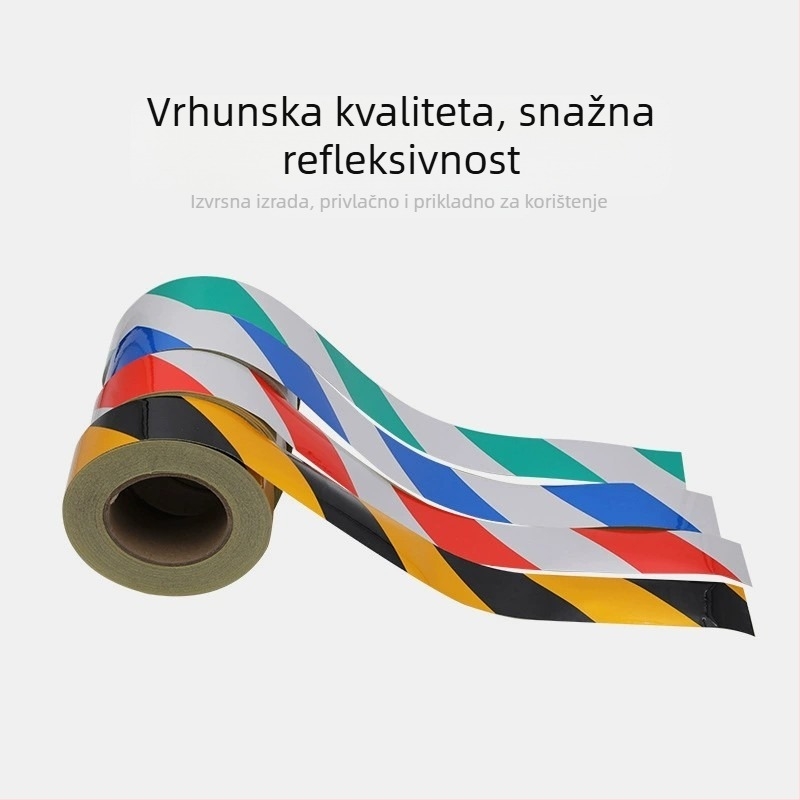 PET reflektirajuća upozoravajuća traka za cestovnu sigurnost – vodootporna i otporna na trošenje, crveno-bijelo-žuto-crna diagonalan tkaninski uzorak.