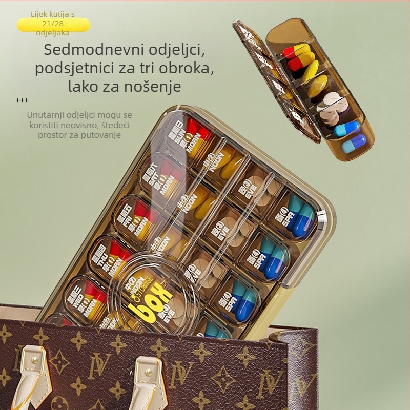Prijenosni sedmodnevni organizator lijekova s odjeljkom za tri dnevne doze, model YN83202, PP plastika, kapacitet 8 L
