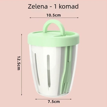Prijenosna posuda za voće s ugrađenom vilicom, PP materijal za hranu, cilindričnog oblika, kapacitet ispod 300 ml, mogućnost odljeva