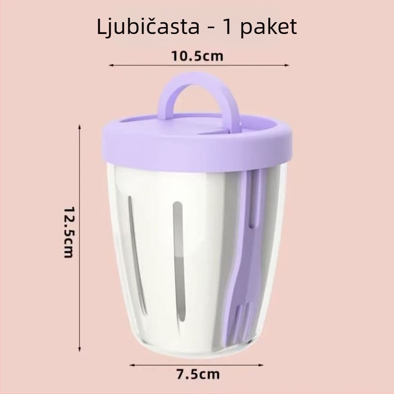 Prijenosna posuda za voće s ugrađenom vilicom, PP materijal za hranu, cilindričnog oblika, kapacitet ispod 300 ml, mogućnost odljeva