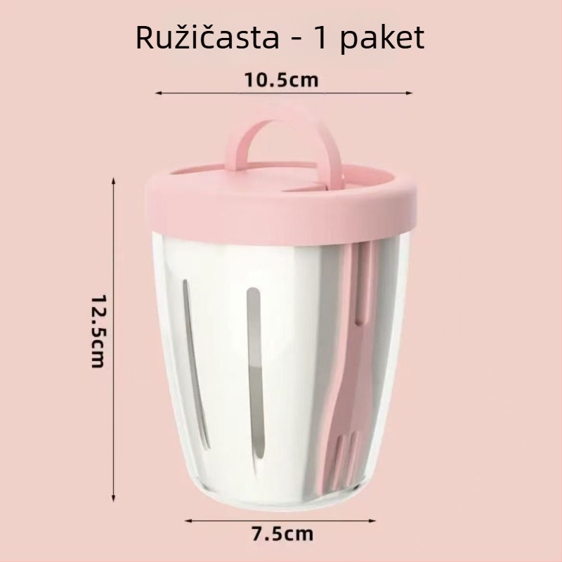 Prijenosna posuda za voće s ugrađenom vilicom, PP materijal za hranu, cilindričnog oblika, kapacitet ispod 300 ml, mogućnost odljeva