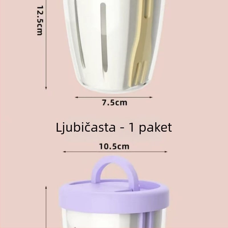 Prijenosna posuda za voće s ugrađenom vilicom, PP materijal za hranu, cilindričnog oblika, kapacitet ispod 300 ml, mogućnost odljeva