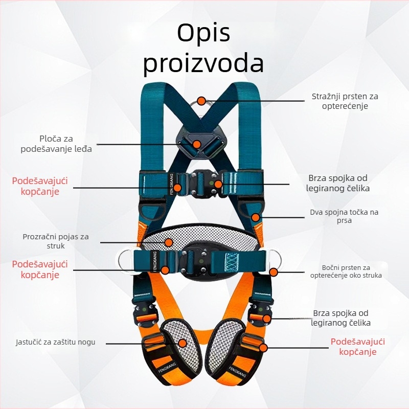 Europski stil sigurnosni pojas za cijelo tijelo s pet točaka i brzim spajanjem, poliester pojas i 2 m sigurnosnog užeta, nosivost 100 kg, dvostruki karabin protiv pada