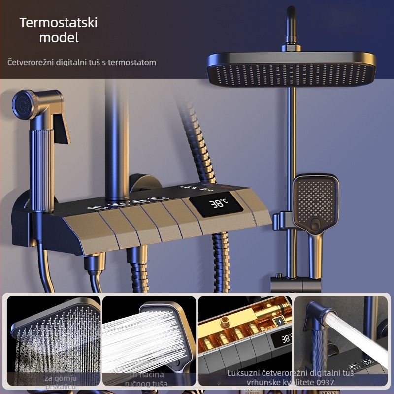 Bakreni set za tuširanje u kupaonici, zidni ugradbeni, digitalni zaslon, konstantna temperatura, kišni tuš